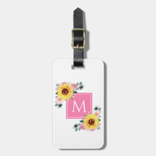 Sunflower Pink Botanical Watercolor Monogrammed Luggage Tag