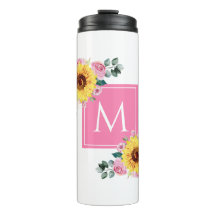 Sunflower Pink Botanical Watercolor Monogrammed