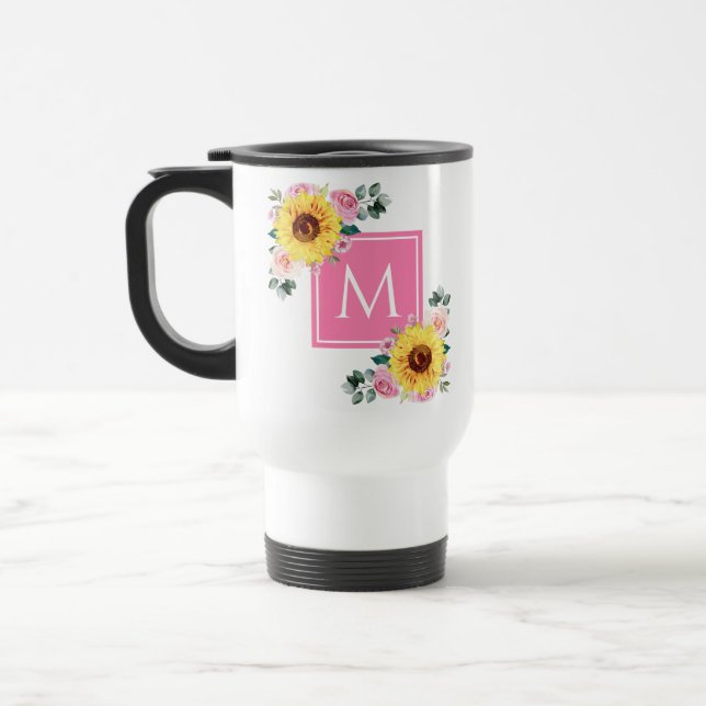 Sunflower Pink Botanical Watercolor Monogrammed Travel Mug (Left)
