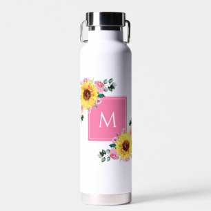 Sunflower Pink Botanical Watercolor Monogrammed Water Bottle