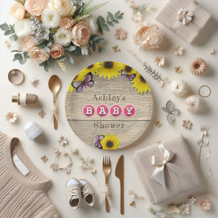 Sunflower Pink Butterflies Baby Shower Paper Plate