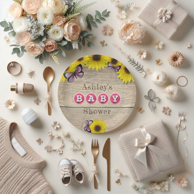 Sunflower Pink Butterflies Baby Shower Paper Plate (Creator Uploaded)