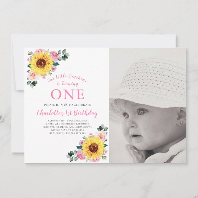 Sunflower Pink Floral 1st Birthday Photo Party Invitation (Front)