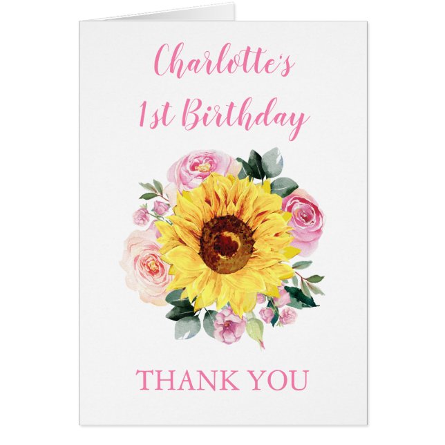 Sunflower Pink Floral Birthday Thank You (Front)