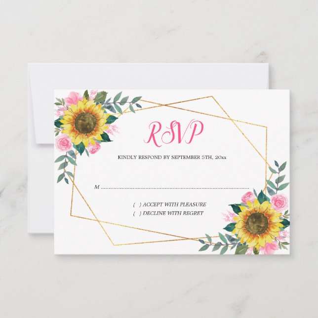 Sunflower Pink Floral Geometric Wedding RSVP Card (Front)