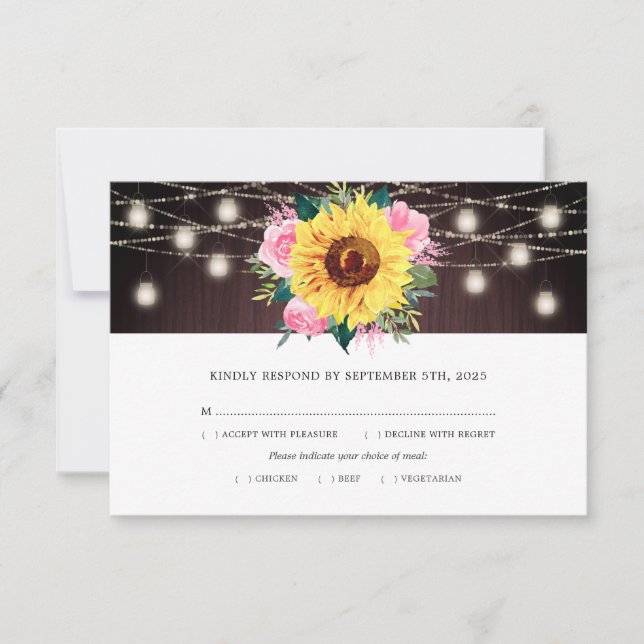 Sunflower Pink Floral Jar Lights Wood Wedding Meal RSVP Card (Front)