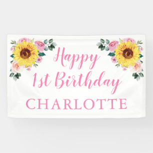 Sunflower Pink Floral Personalised 1st Birthday Banner