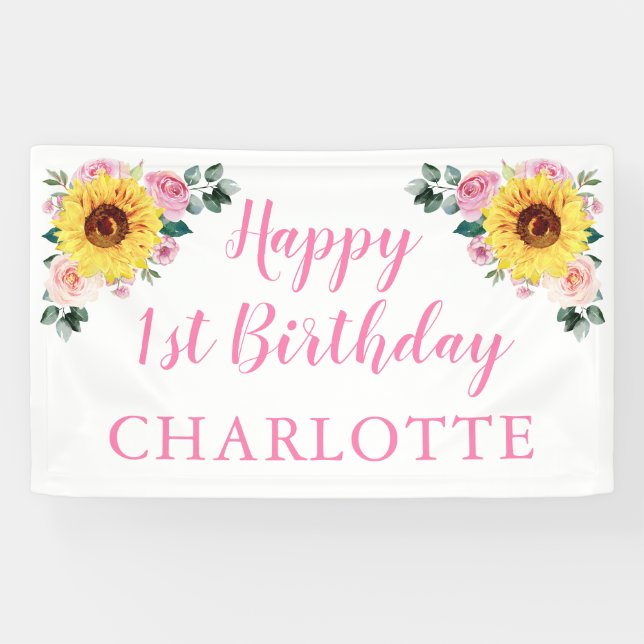 Sunflower Pink Floral Personalised 1st Birthday Banner (Horizontal)