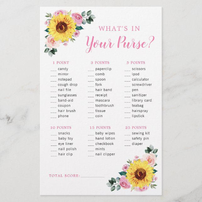 Sunflower Pink Floral Purse Baby Shower Game (Front)