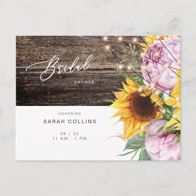 Sunflower & Pink Floral Rustic Bridal Shower  Postcard (Front)