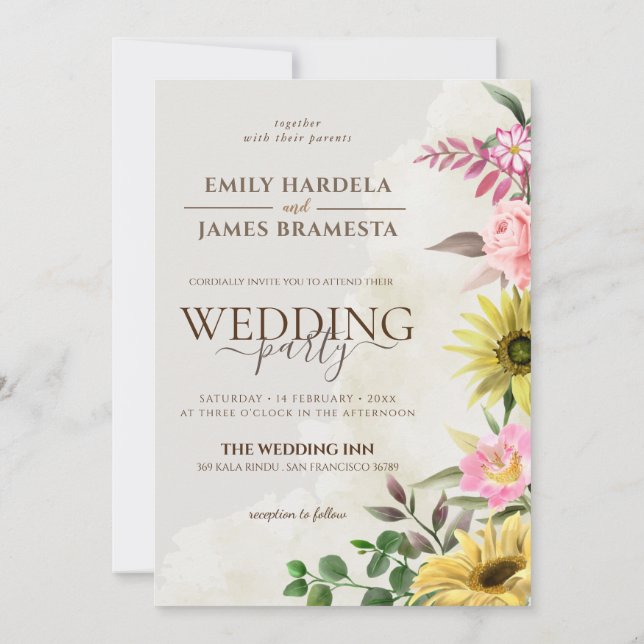 Sunflower Pink Floral Spring Wedding Invitation (Back)