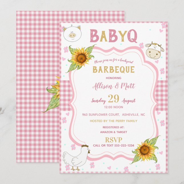 Sunflower Pink Gingham Baby Q Barbecue Invitation (Front/Back)