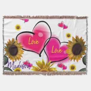 Sunflower Pink Hearts Throw Blanket