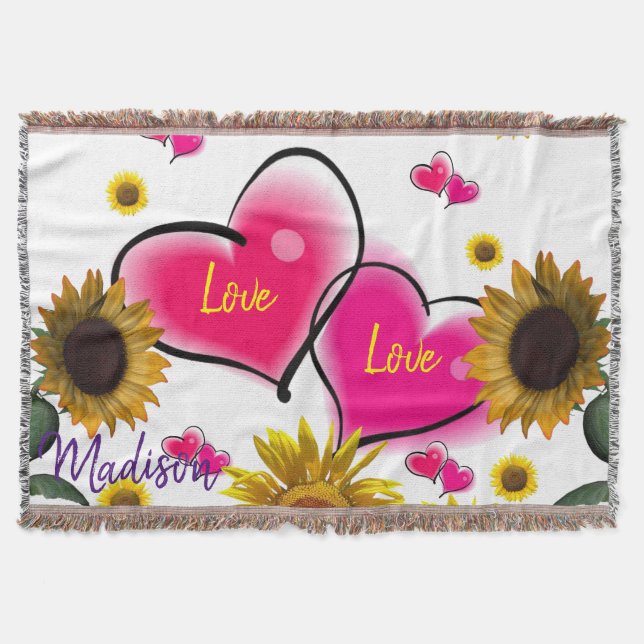 Sunflower Pink Hearts Throw Blanket (Front)