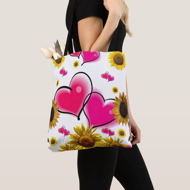 Sunflower Pink Hearts Tote Bag (Close Up)