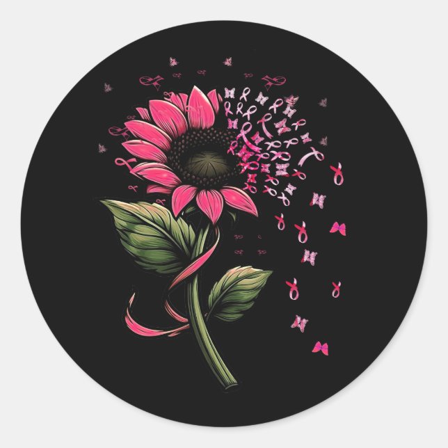 Sunflower Pink Ribbon Breast Cancer Awareness Wome Classic Round Sticker (Front)