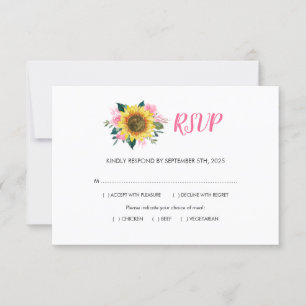 Sunflower Pink Rose Floral Meals Wedding RSVP Card