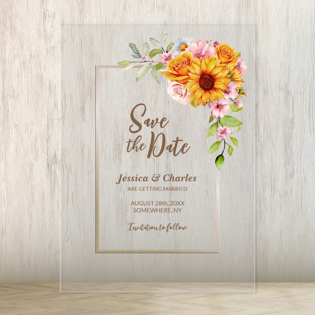 Sunflower Pink Rose Floral Wedding Save the Date Acrylic Invitations (Creator Uploaded)