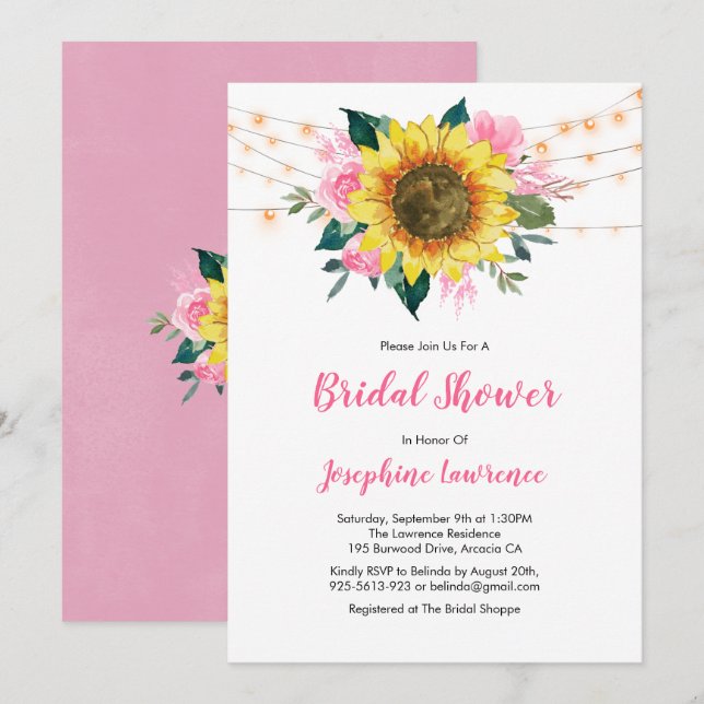 Sunflower Pink Rose Lights Bridal Shower Invitation (Front/Back)