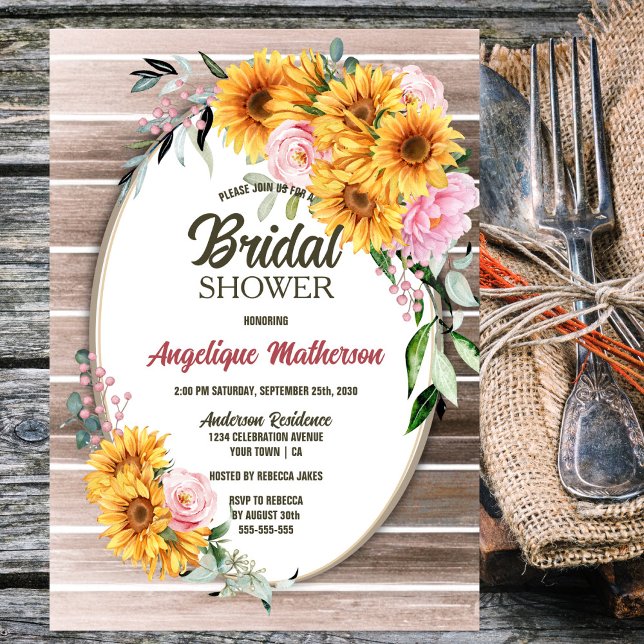 Sunflower Pink Rose Oval Wood Bridal Shower Invitation (Creator Uploaded)