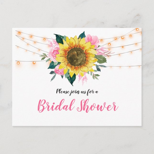 Sunflower Pink Roses Lights Bridal Shower Invite (Front)