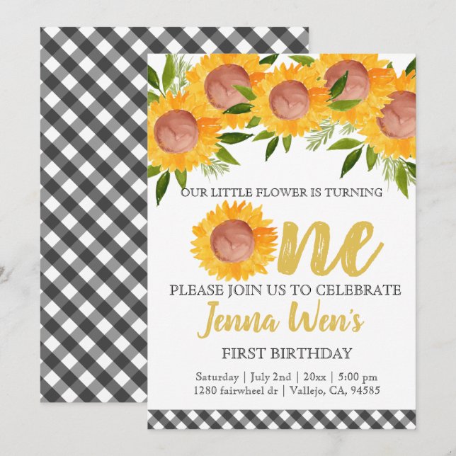 Sunflower plaid first kid birthday invitation (Front/Back)