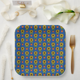 Sunflower Plant in a Pot Pattern Paper Plate