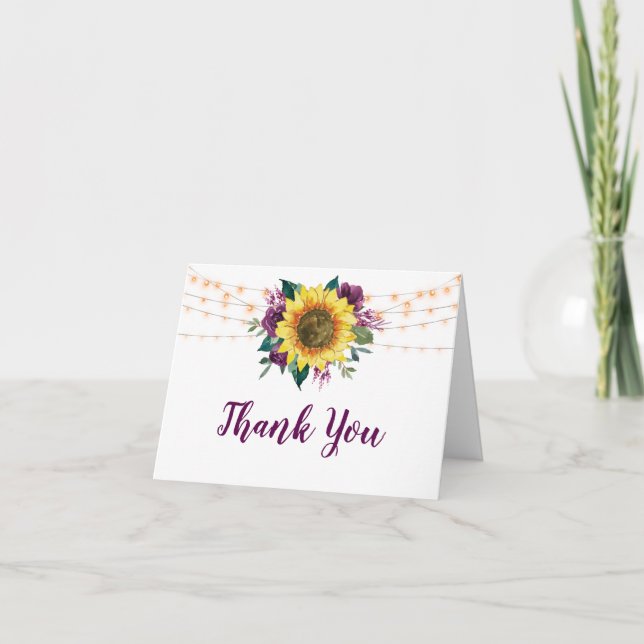 Sunflower Plum Purple Floral Bridal Shower Thank You Card (Front)