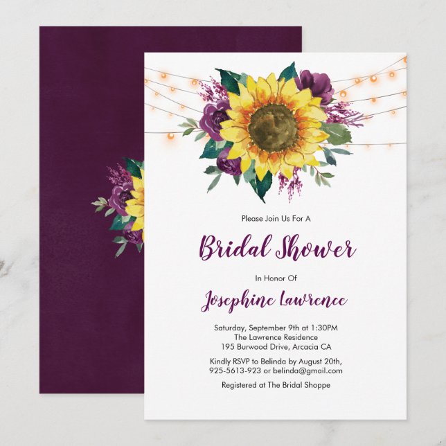 Sunflower Plum Purple Lights Bridal Shower Invitation (Front/Back)