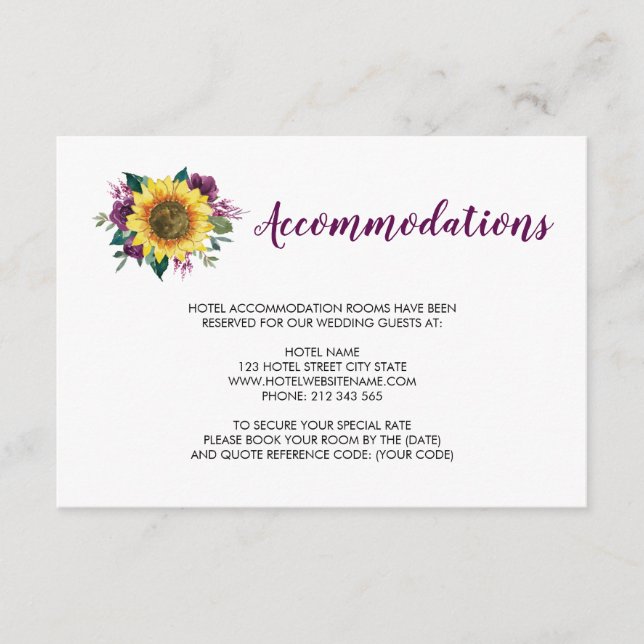 Sunflower Plum Purple Rose Wedding Accommodations Enclosure Card (Front)