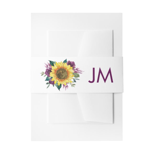 Sunflower Plum Purple Rose Wedding Monogram Invitation Belly Band (Front Example)