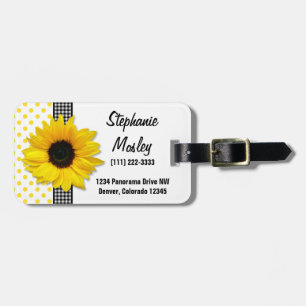 Sunflower Polka Dot Gingham Yellow Black White Luggage Tag