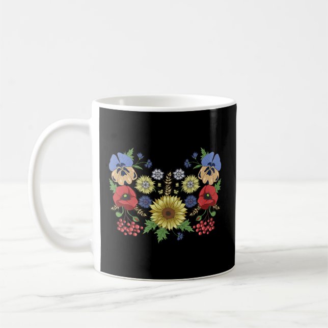 Sunflower Poppies Viburnum Floral Ukrainian Vyshyv Coffee Mug (Left)