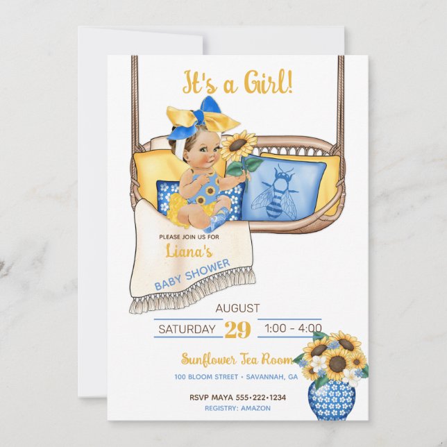 Sunflower Porch Swing Yellow Blue Sunflower Bee Invitation (Front)