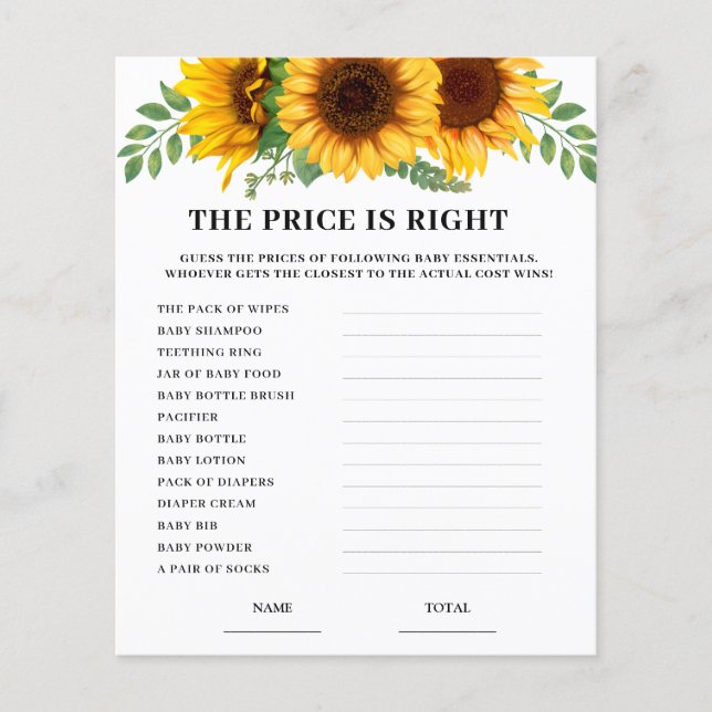 Sunflower Price is Right Baby Shower Game Card  (Front)