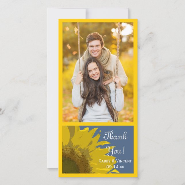 Sunflower Print Wedding Thank You Photo Card (Front)