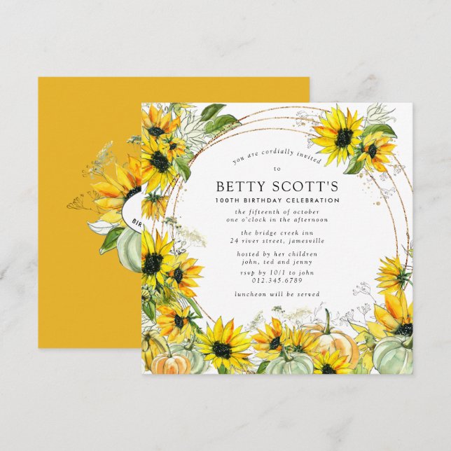 Sunflower Pumpkin Autumn Fall 100th Birthday Invitation (Front/Back)