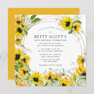 Sunflower Pumpkin Autumn Fall 80th Birthday Invitation