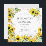 Sunflower Pumpkin Autumn Fall 90th Birthday Invitation<br><div class="desc">Beautiful watercolor sunflowers and pumpkins create a festive border for this 90th birthday party invitation. A modern round gold frame dotted with gold confetti showcases your party details. The back of the invitation is deep golden yellow with a sunflower and pumpkin design. It contains an oval with the birthday person's...</div>