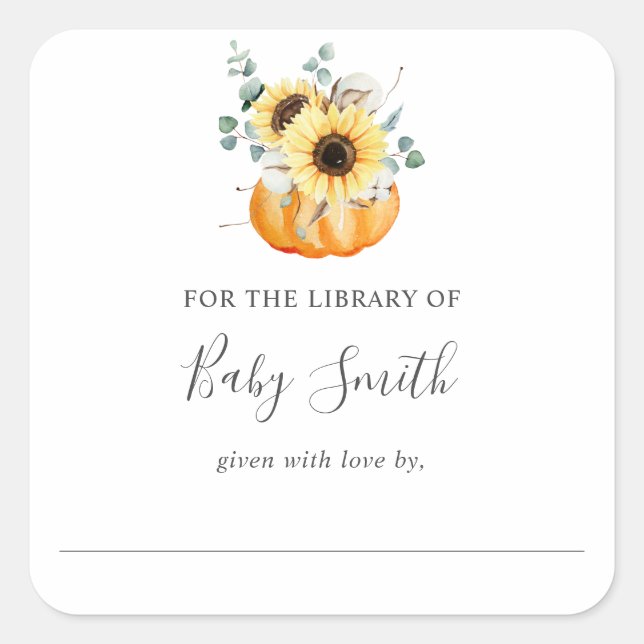 Sunflower Pumpkin Baby Shower Library Bookplate Square Sticker (Front)