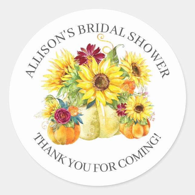 Sunflower Pumpkin Bridal Shower Thank You Shower Classic Round Sticker (Front)