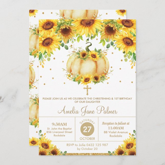 Sunflower Pumpkin Christening Baptism 1st Birthday Invitation (Front/Back)