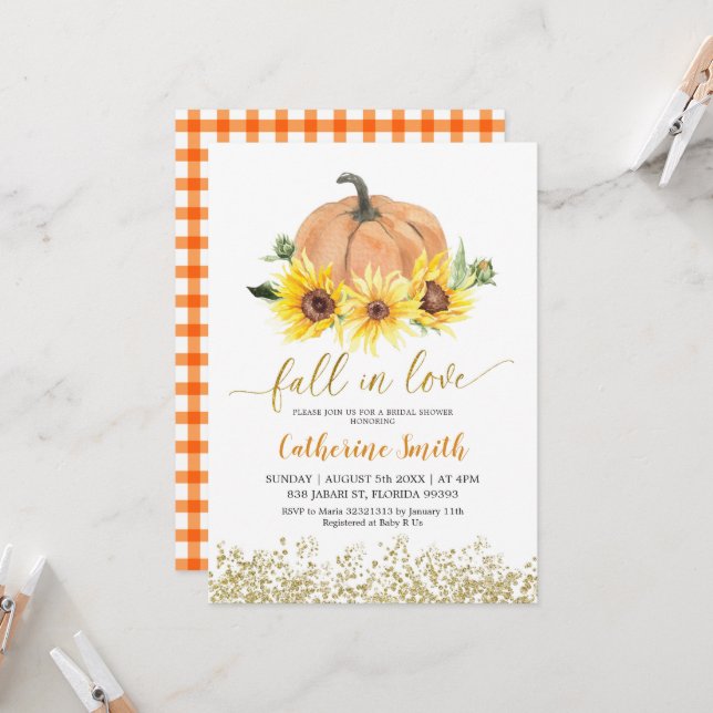 Sunflower Pumpkin fall in love bridal shower Invitation (Front/Back In Situ)