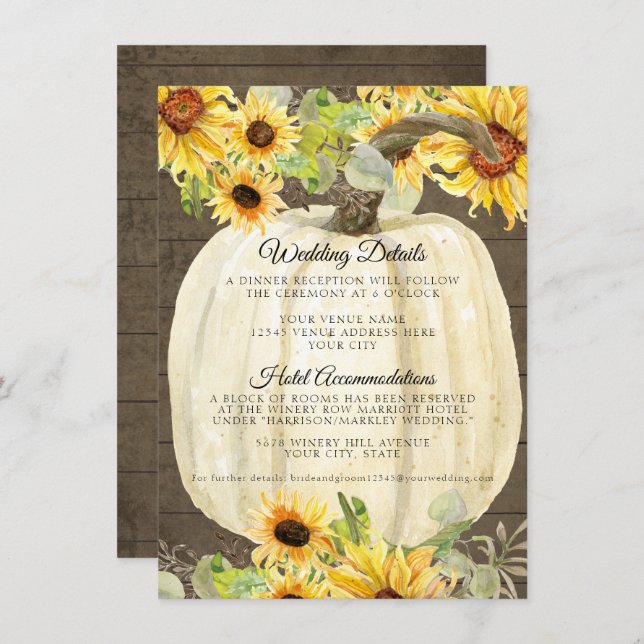 Sunflower Pumpkin Floral Fall Wedding Details Enclosure Card (Front/Back)