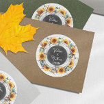 Sunflower Pumpkin Rustic Chalkboard Couples' Names Classic Round Sticker<br><div class="desc">The perfect rustic country personalised stickers for the fall wedding season! Weathered barn wood and chalkboard are accented by festive sunflowers and harvest pumpkins in watercolor styling. Unique speciality wedding theme for October and November wedding dates. • Browse the Harvest Wedding Collection below to see all coordinating products in this...</div>