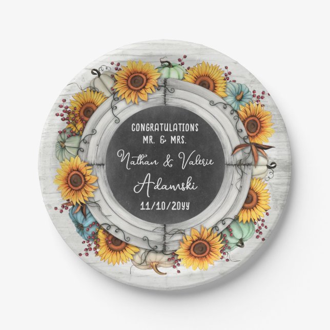 Sunflower Pumpkin Rustic Country Fall Farm Wedding Paper Plate (Front)