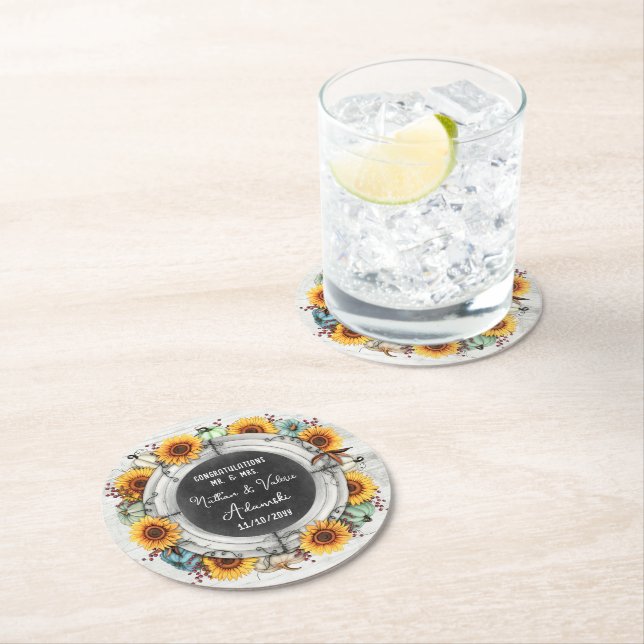 Sunflower Pumpkin Rustic Country Fall Farm Wedding Round Paper Coaster (Insitu)