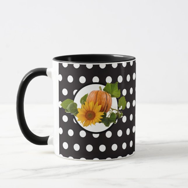Sunflower & Pumpkin White-Black Polka Dot Mug (Left)