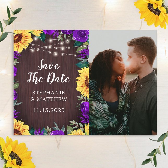 Sunflower Purple Floral Border Photo Save The Date Announcement Postcard (Creator Uploaded)