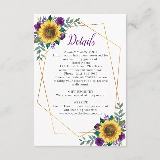 Sunflower Purple Floral Geometric Wedding Details Enclosure Card (Front)